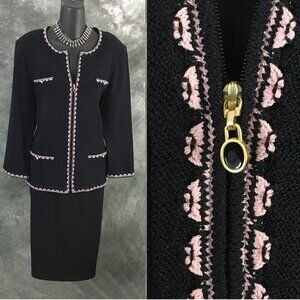 BEAUTIFUL St John collection knit pink black pearl jacket skirt suit 10 12